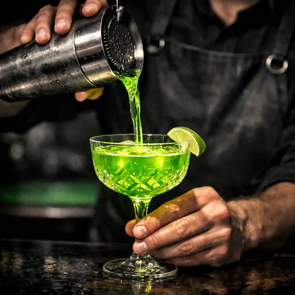 Bartender's hands pouring a vibrant green cocktail into a crystal glass