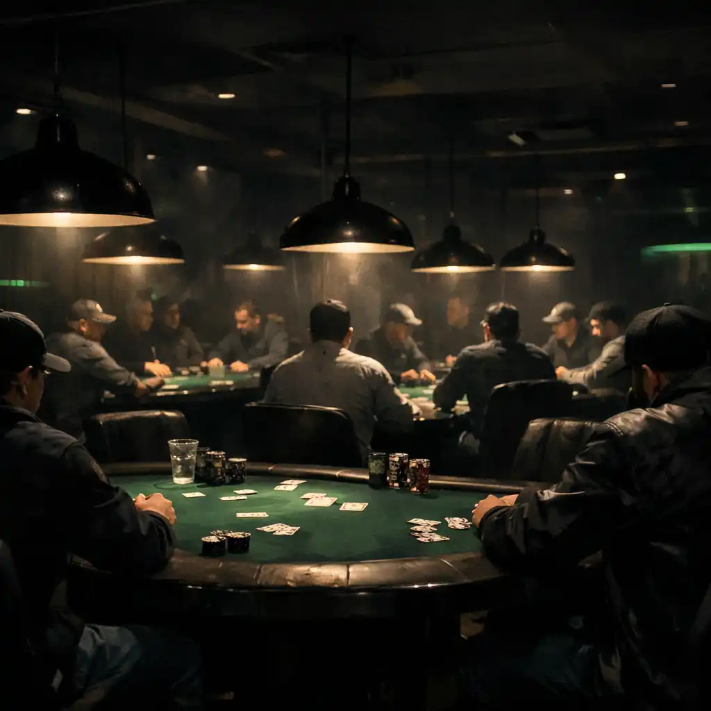Wide view of the Card Lounge with players at poker tables under dramatic pendant lighting