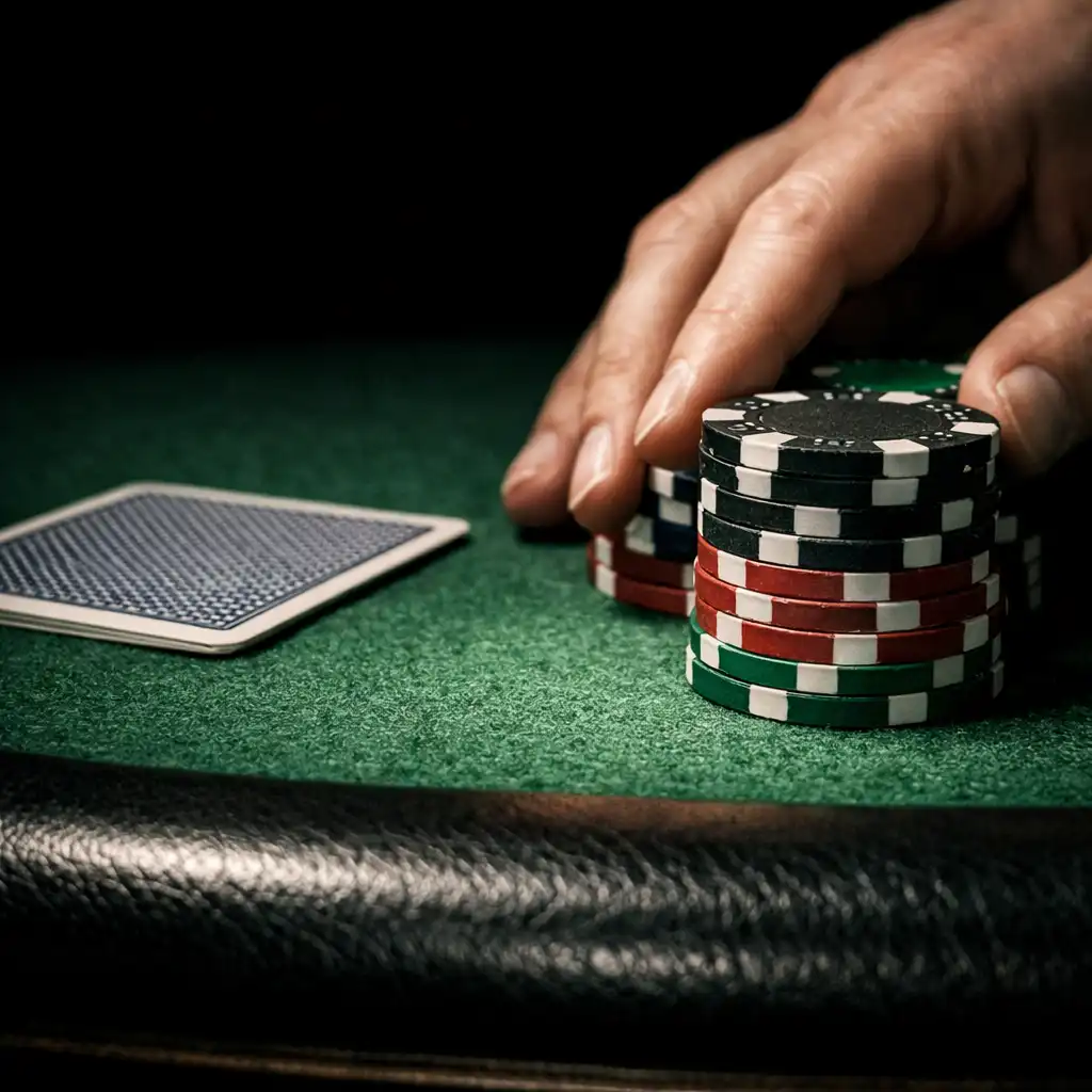 Close-up of a professional poker table showing green felt texture, chips, and a card