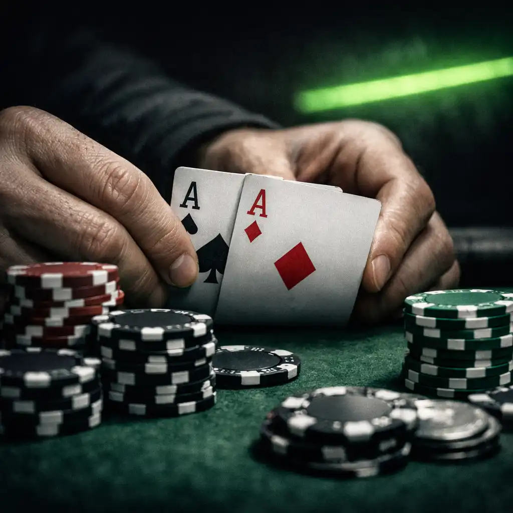 Player holding hole cards at a live chip table