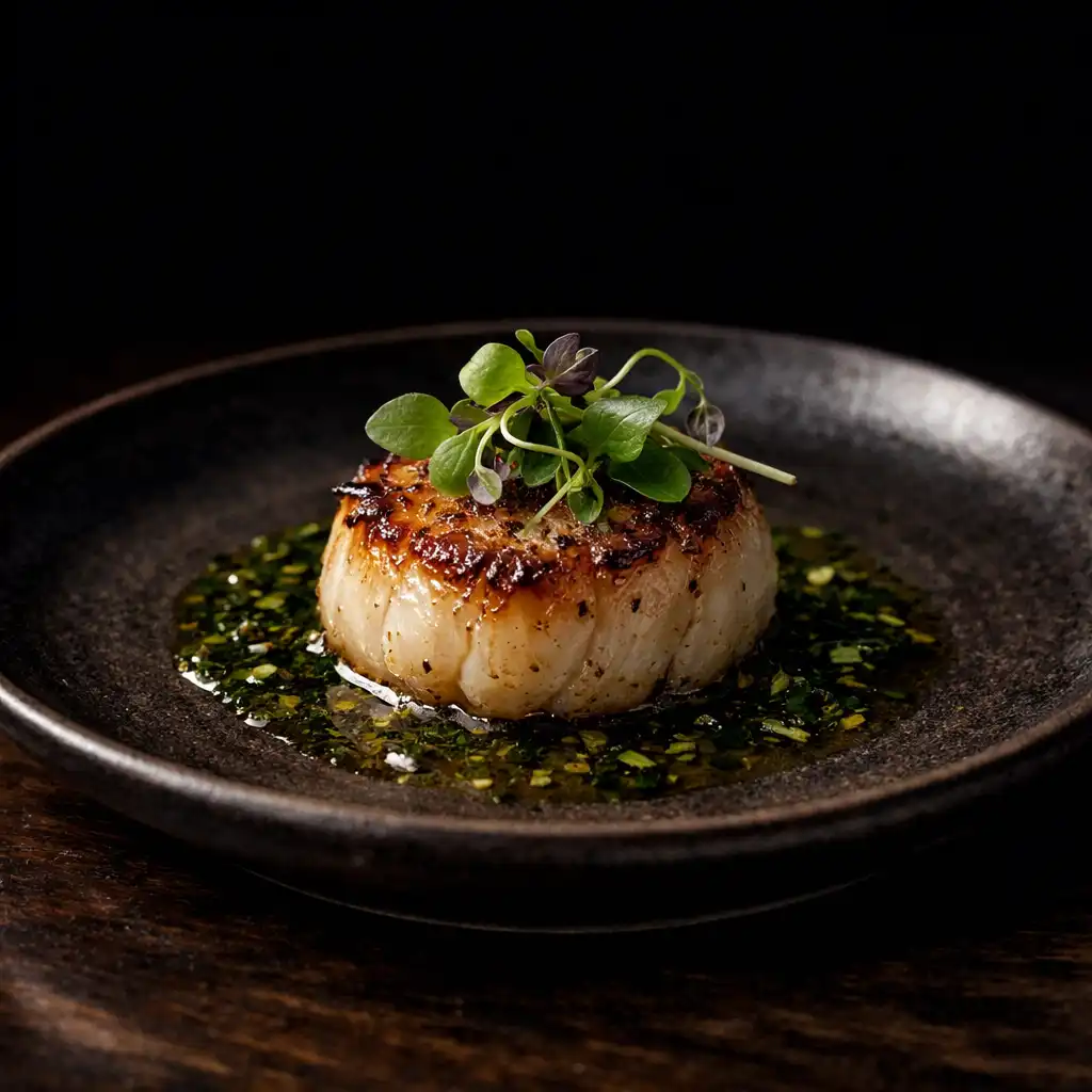 Seared scallop on a dark ceramic plate with herb oil and microgreens