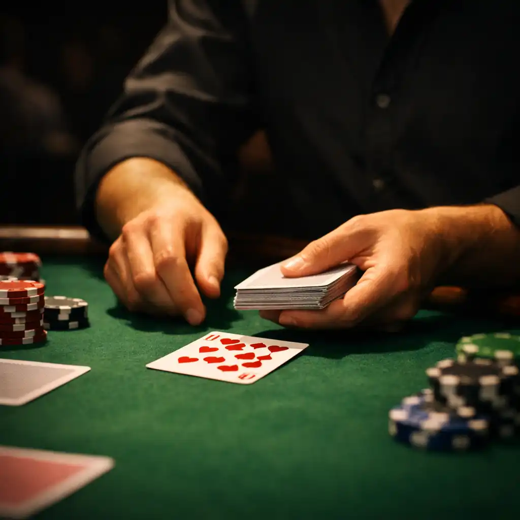 Dealer's hands managing cards and chips on a green felt poker table