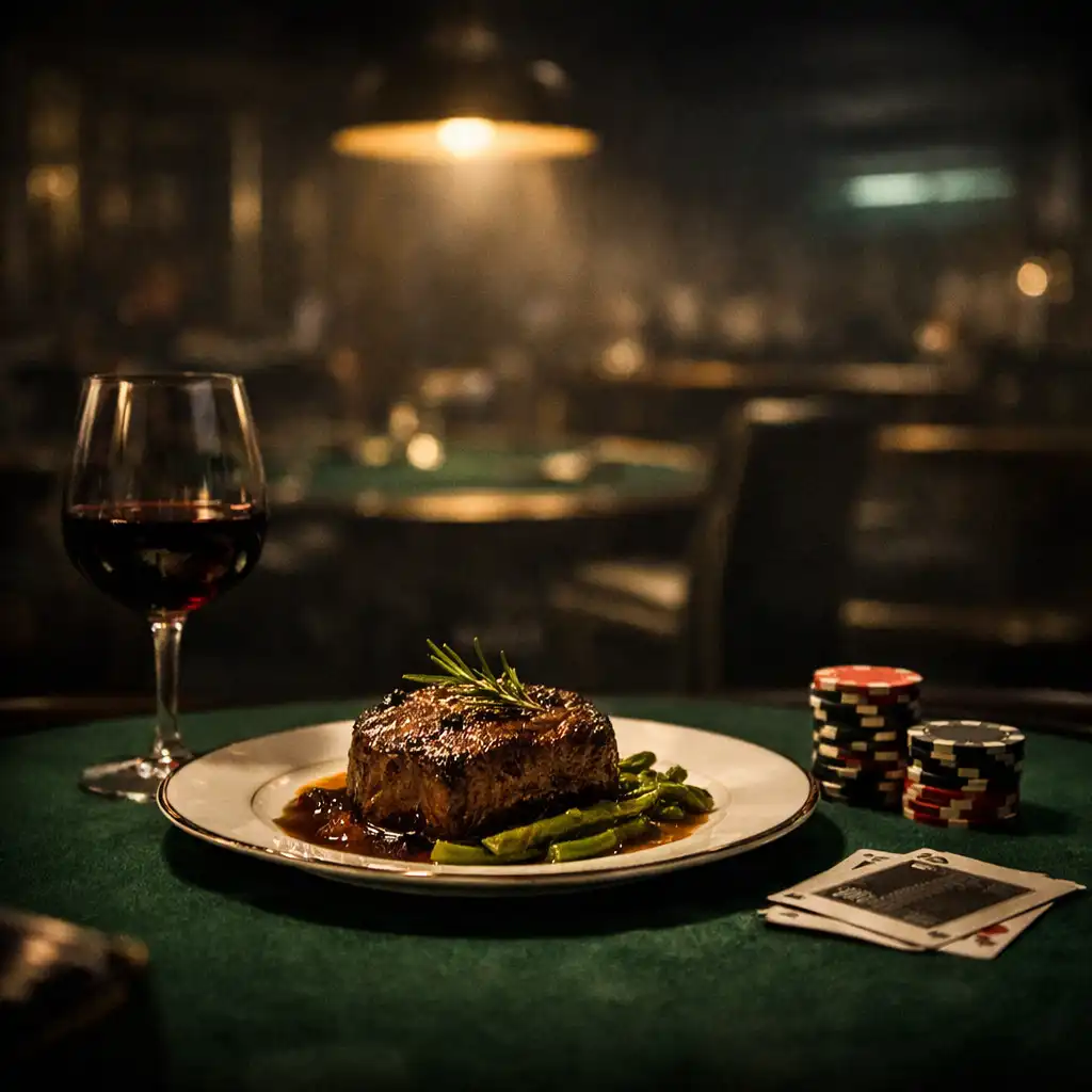 Gourmet dining table set with a steak, wine, and poker chips in a dark, upscale poker club