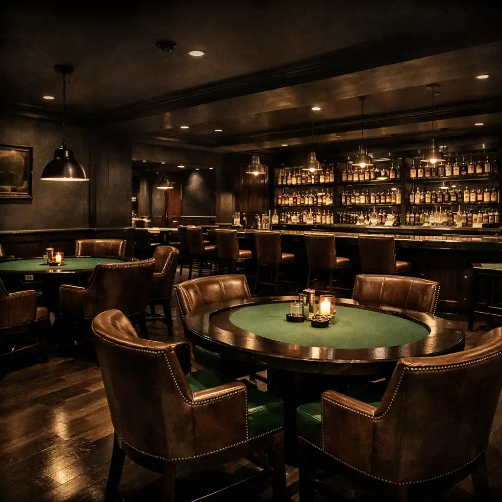 Luxurious dining room with dark wood tables, leather chairs, and a backlit bar