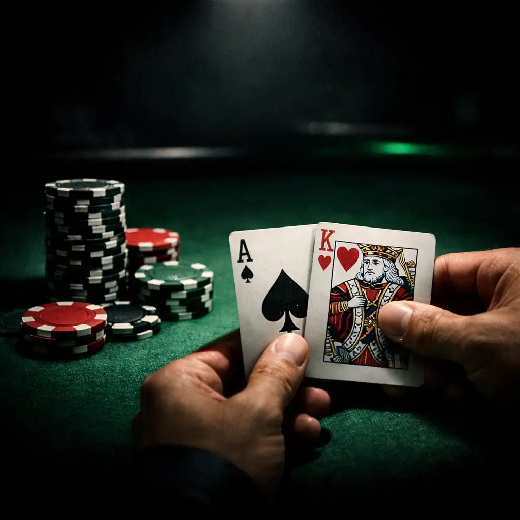A dramatic close-up of a professional poker table with green felt, cards, and chips under a single spotlight