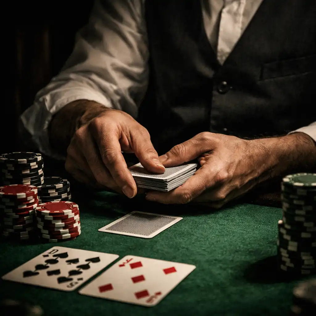 Professional dealer's hands dealing cards on a green felt poker table