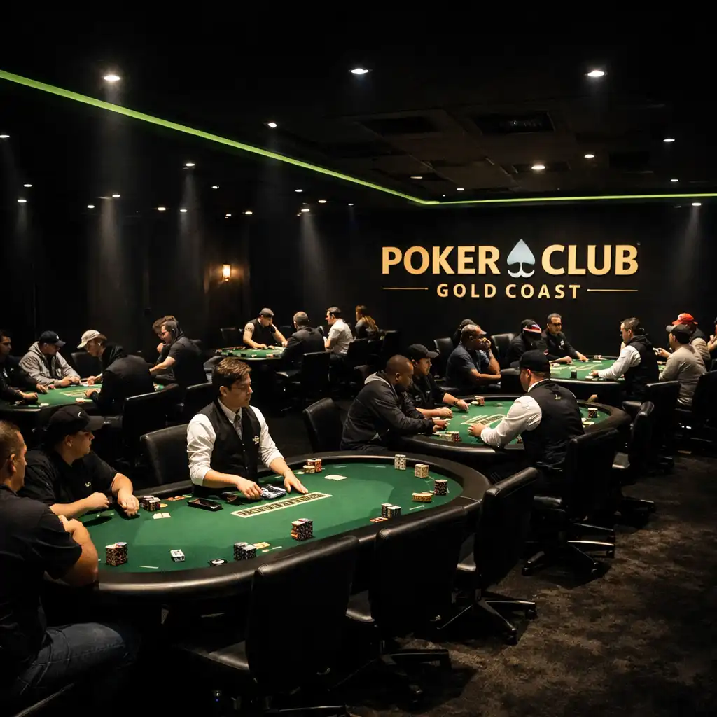 Wide view of the dedicated poker room with multiple green felt tables and focused spotlights