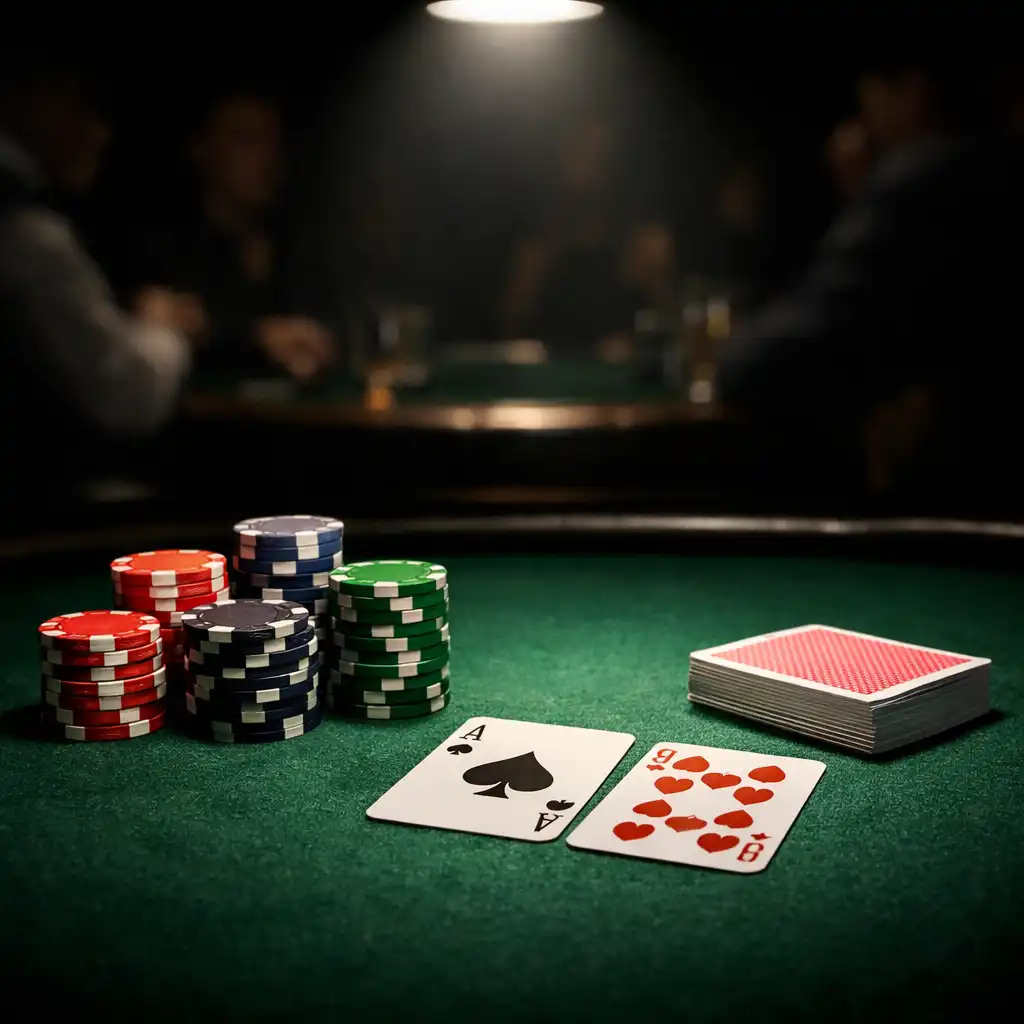 Close-up of a poker table showing felt texture, chip stacks, and a deck of cards