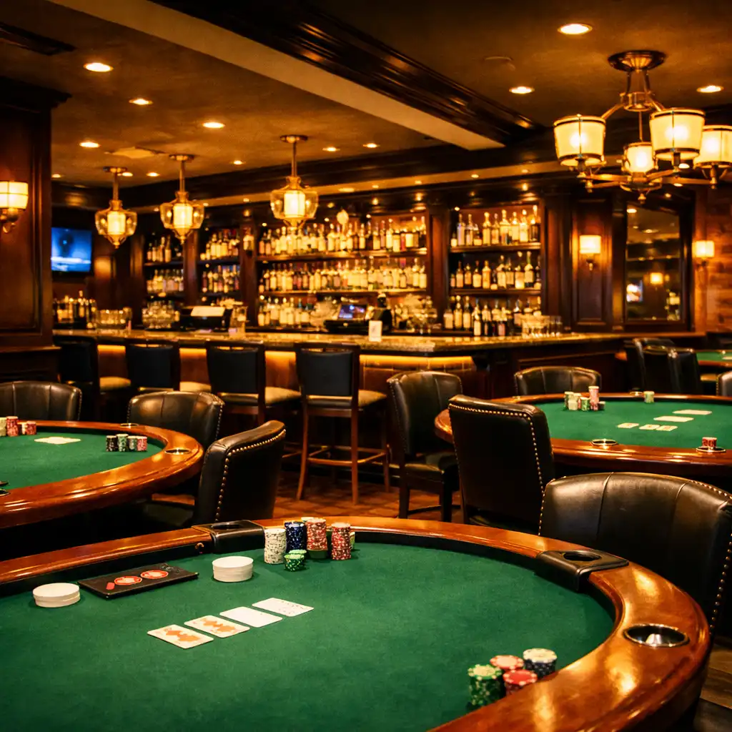 Corner view of the poker room with a bar area in the background and green felt tables in the foreground