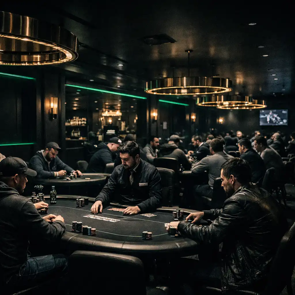 Premium poker room with multiple tables and dramatic lighting