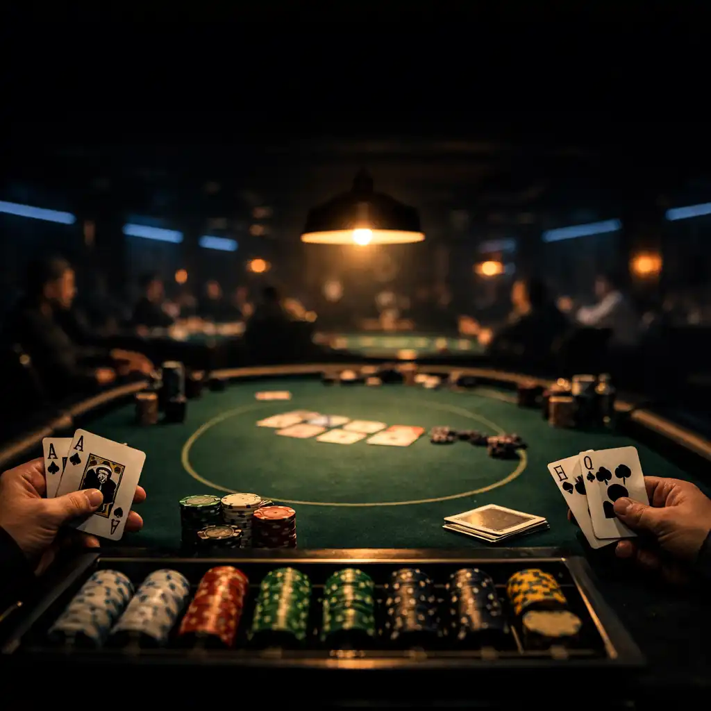 Wide-angle view of the dedicated poker room with green felt tables and dramatic neon lighting
