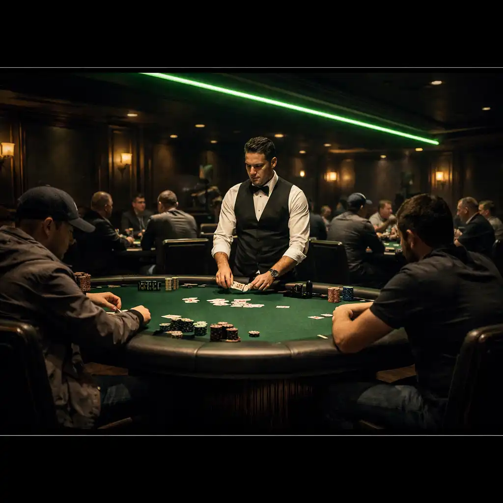 Interior of the dedicated poker room with professional green felt tables, focused players, and a live dealer under moody lighting