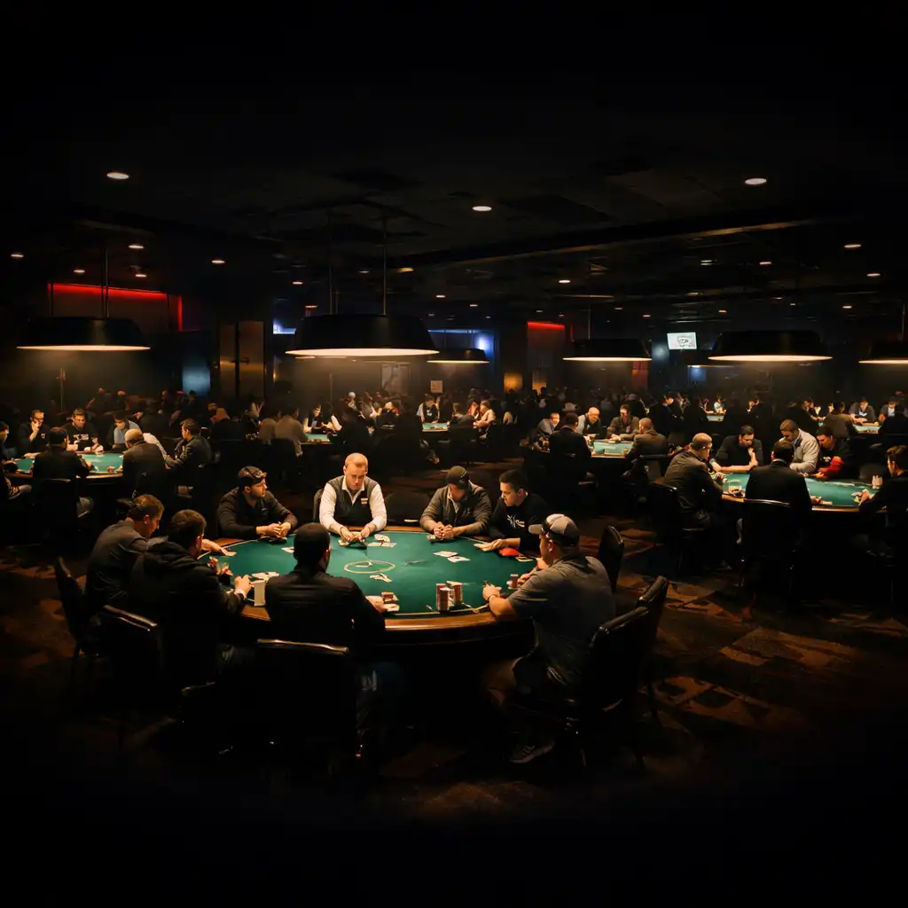 Wide view of the dedicated poker room with multiple tables under dramatic lighting