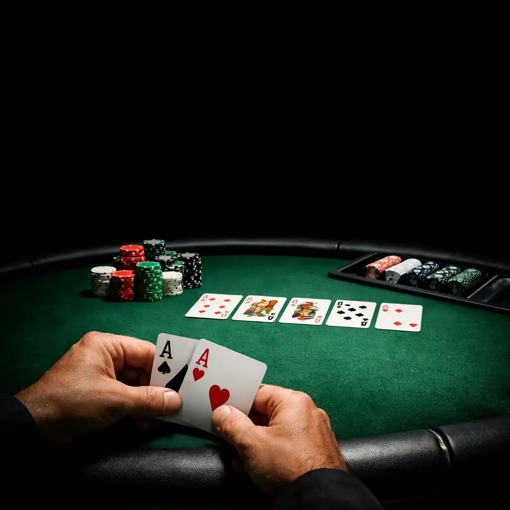 Professional poker table with green felt, cards, and chips under dramatic spotlight