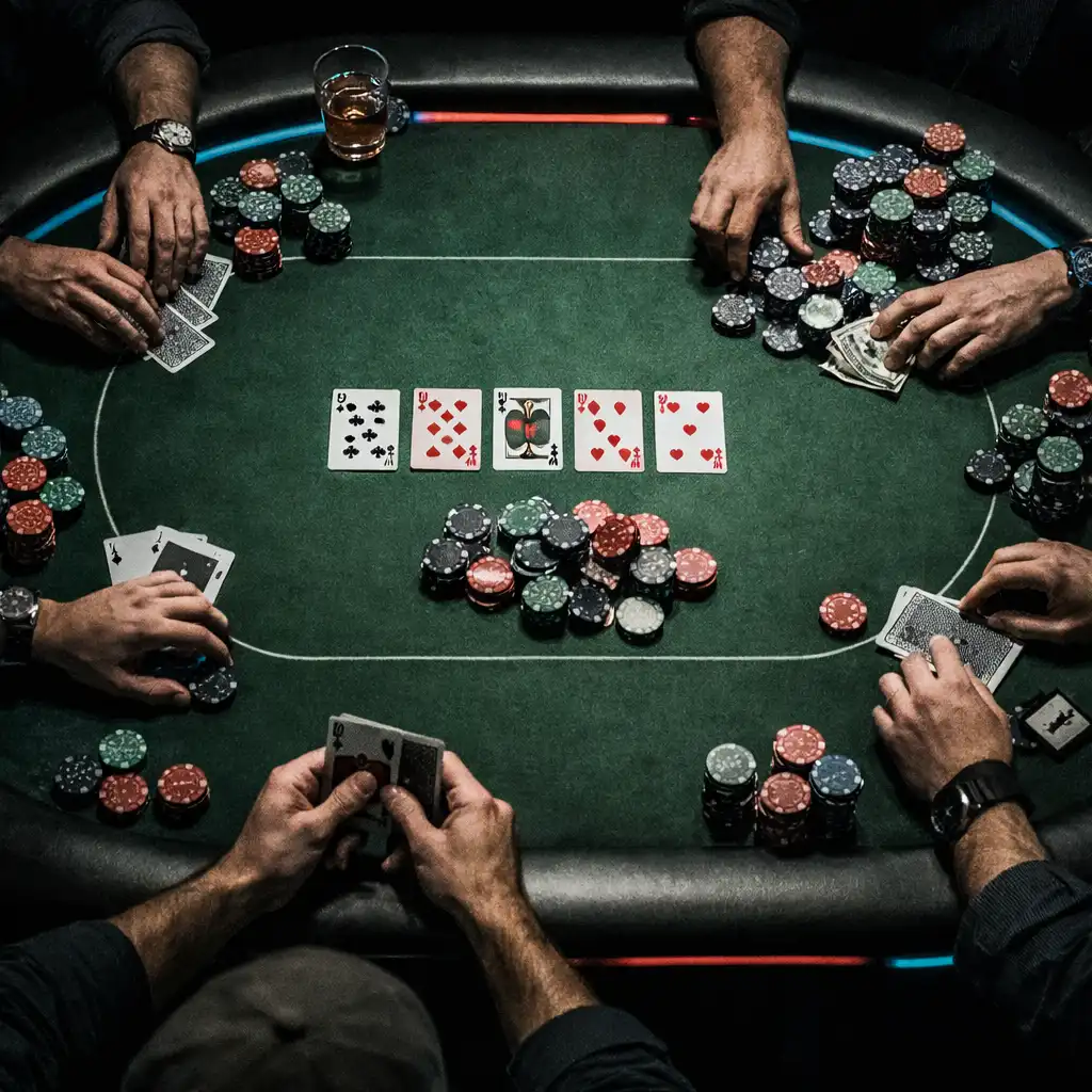 Overhead view of a poker tournament table with players, chips, and cards