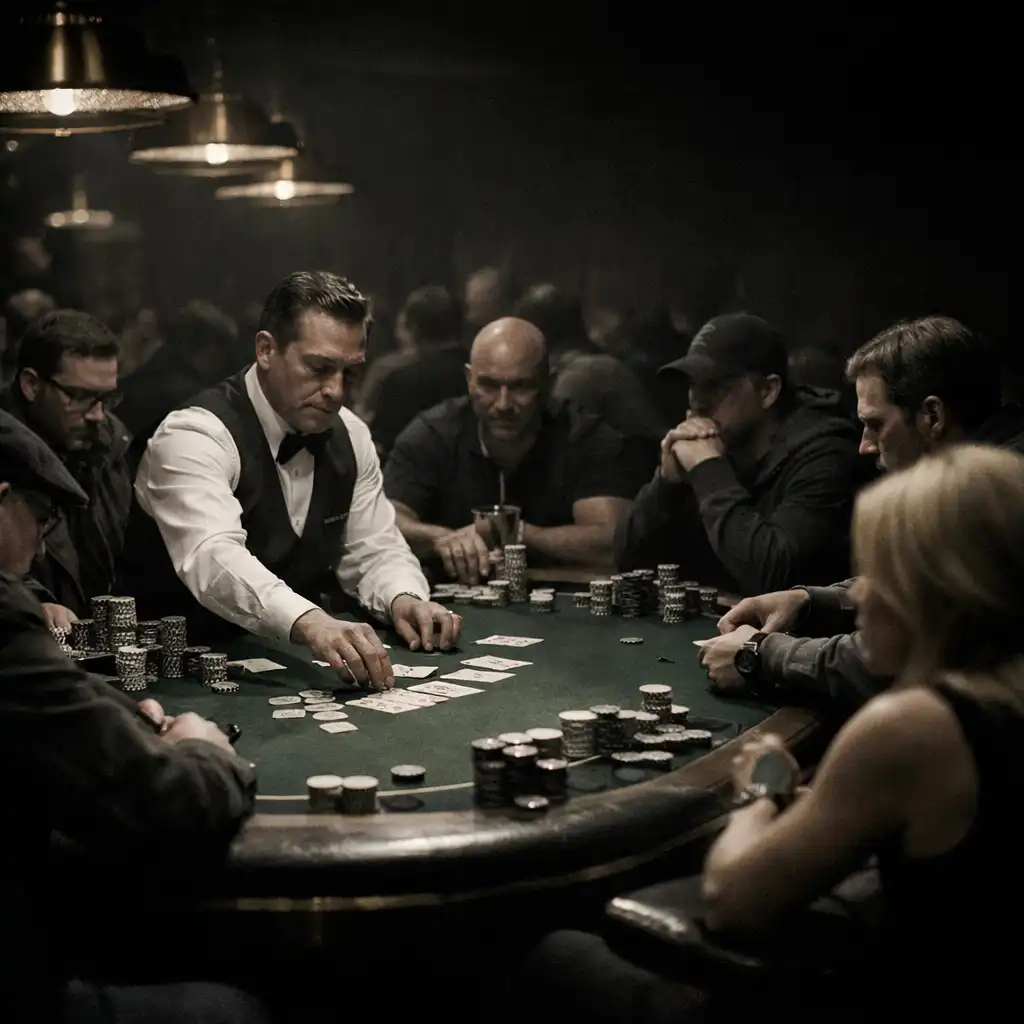 Poker tournament in progress with players and dealer