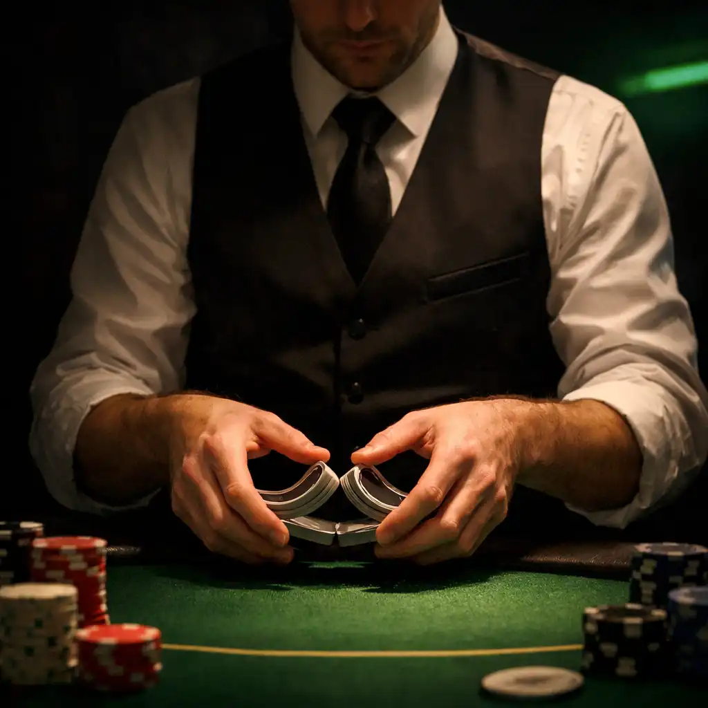 Professional poker dealer in a black vest shuffling cards at a tournament table