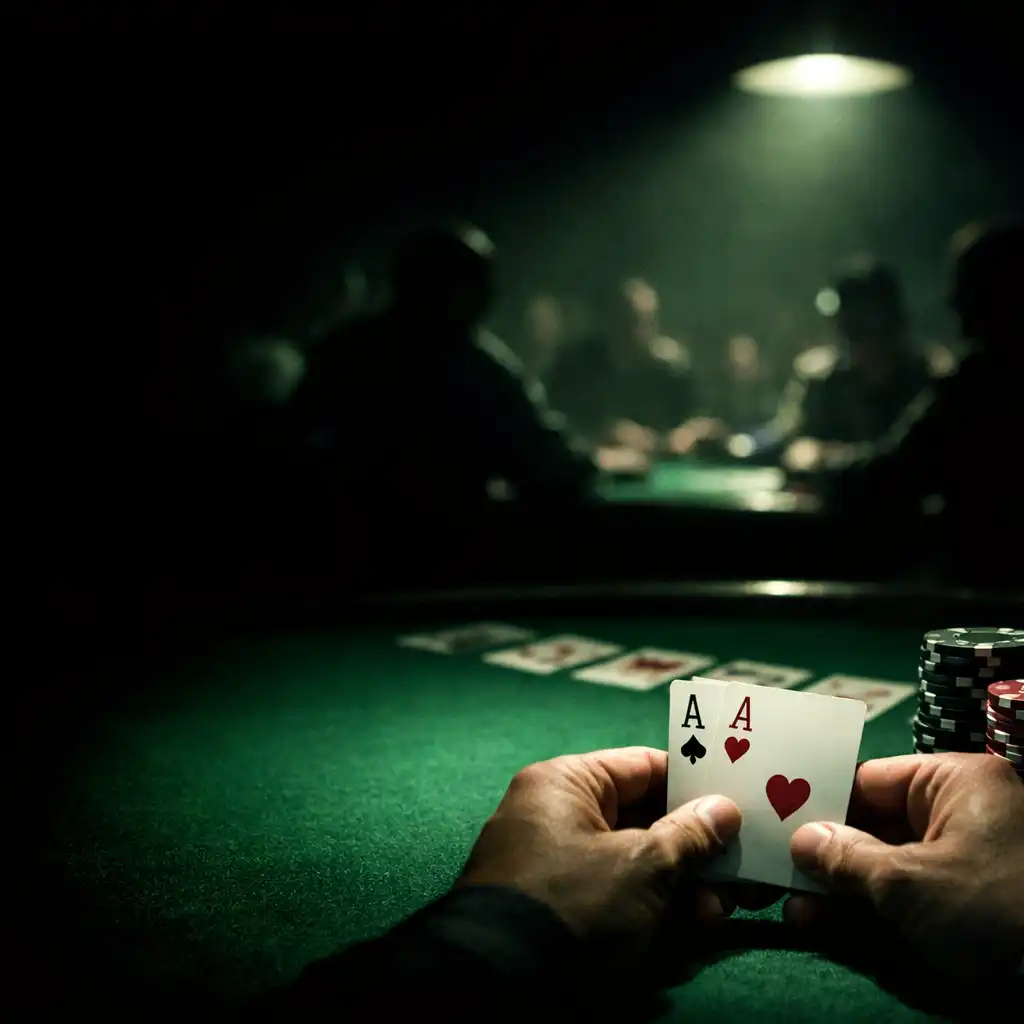 Intense poker tournament action under focused lighting on a green felt table